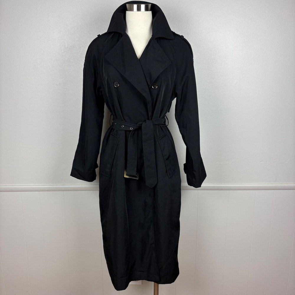Hunter & Brown Black Trench Coat Size M Double Breasted Belted Military Classic